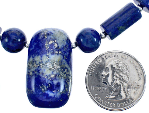 Genuine Sterling Silver Lapis Bead Necklace And Pendant KX120902
